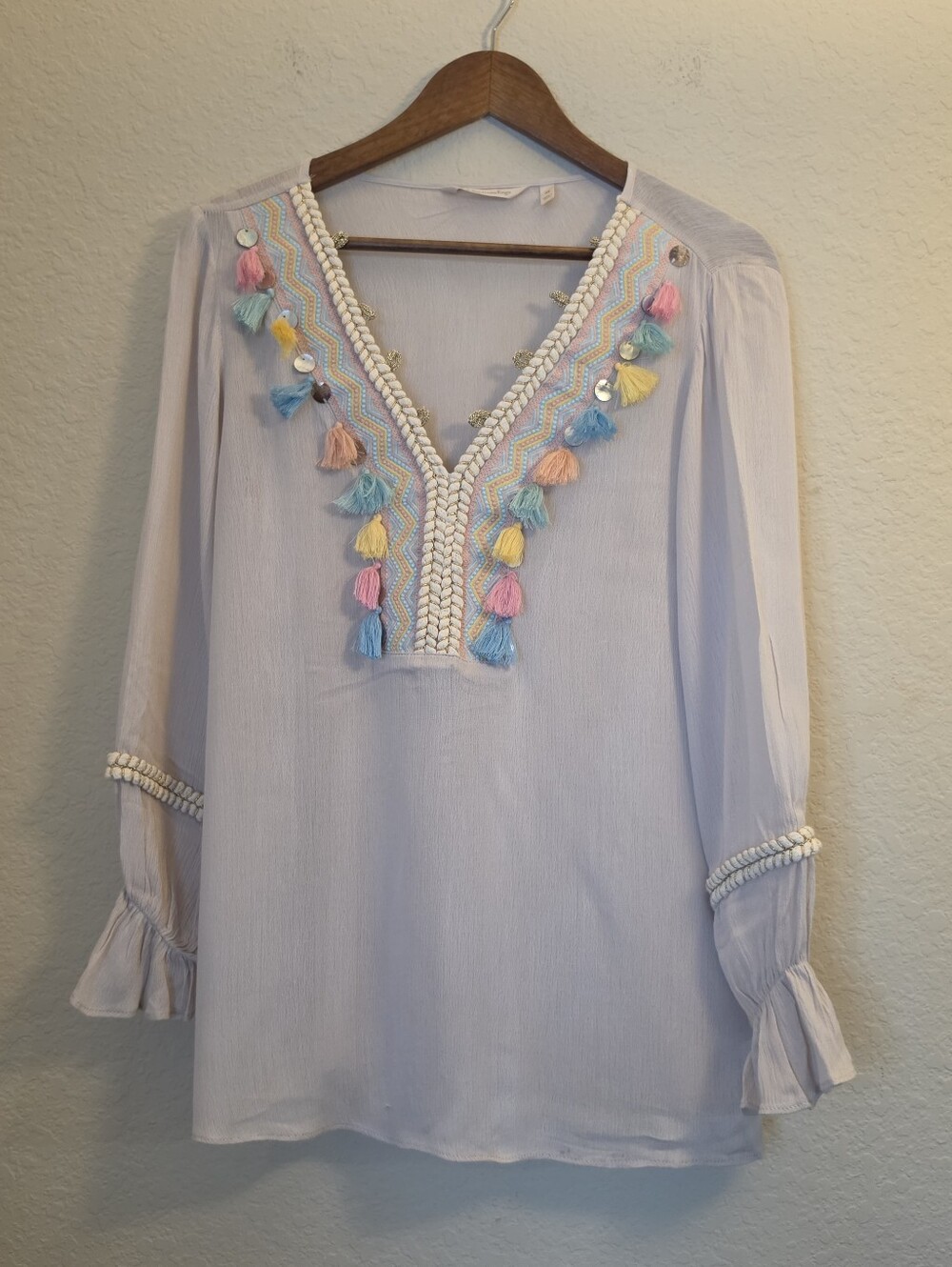 Soft Surroundings Tunic Womens Sz XS Beige Pastel Tassels Braided Neckline Boho